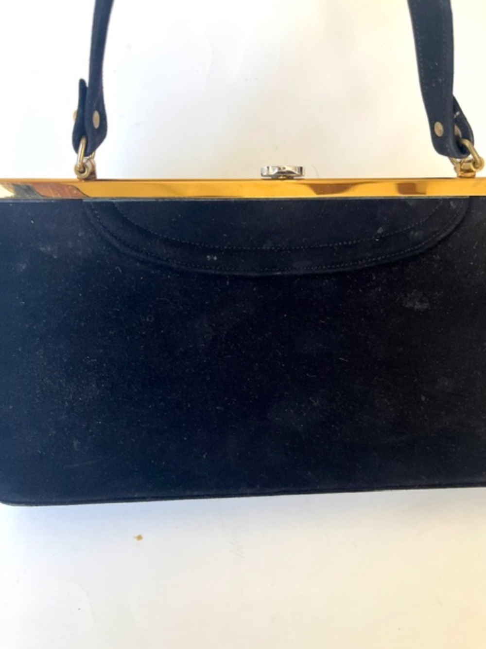 Vintage Black Suede Handbag with Glass Diamond shape closure - Picture 3 of 7